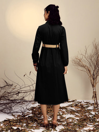Black Poplin Front Open Midi Dress