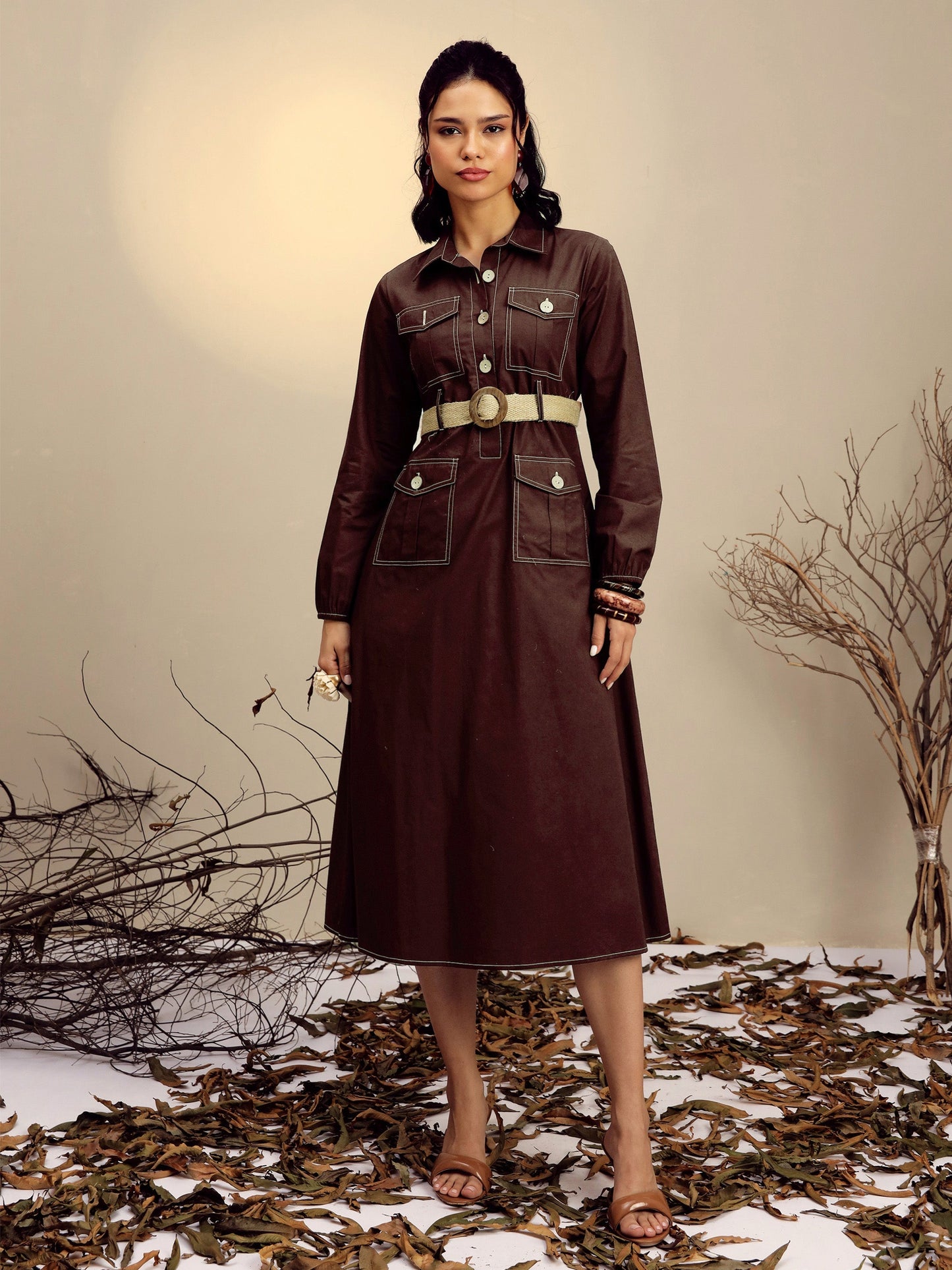 Brown Poplin Front Open Midi Dress