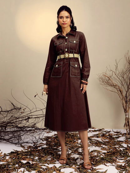 Brown Poplin Front Open Midi Dress