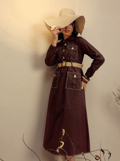 Brown Poplin Front Open Midi Dress