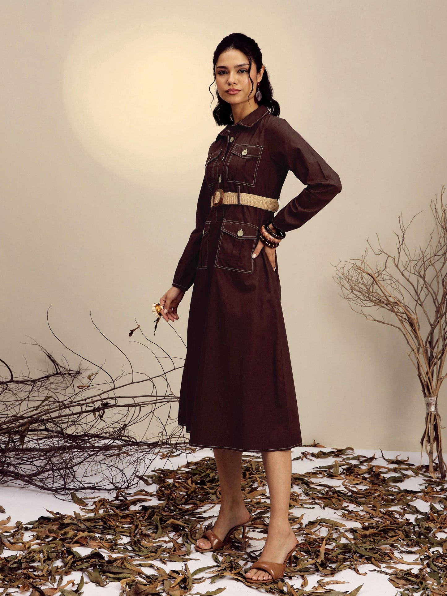 Brown Poplin Front Open Midi Dress