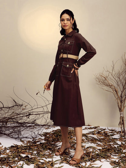 Brown Poplin Front Open Midi Dress