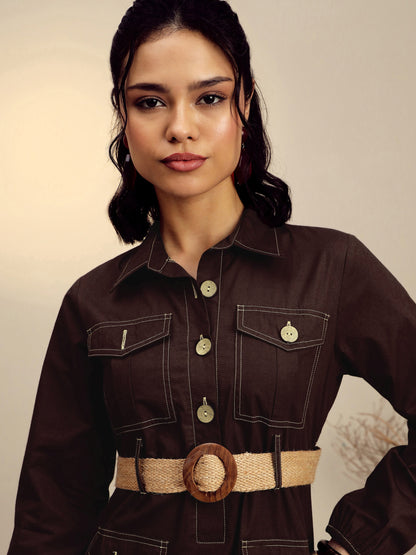 Brown Poplin Front Open Midi Dress