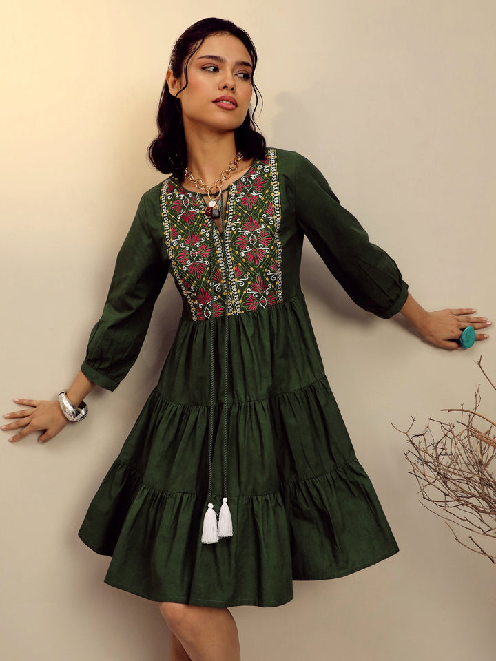Women Olive Poplin Embroidered Round Neck Gathered Dress
