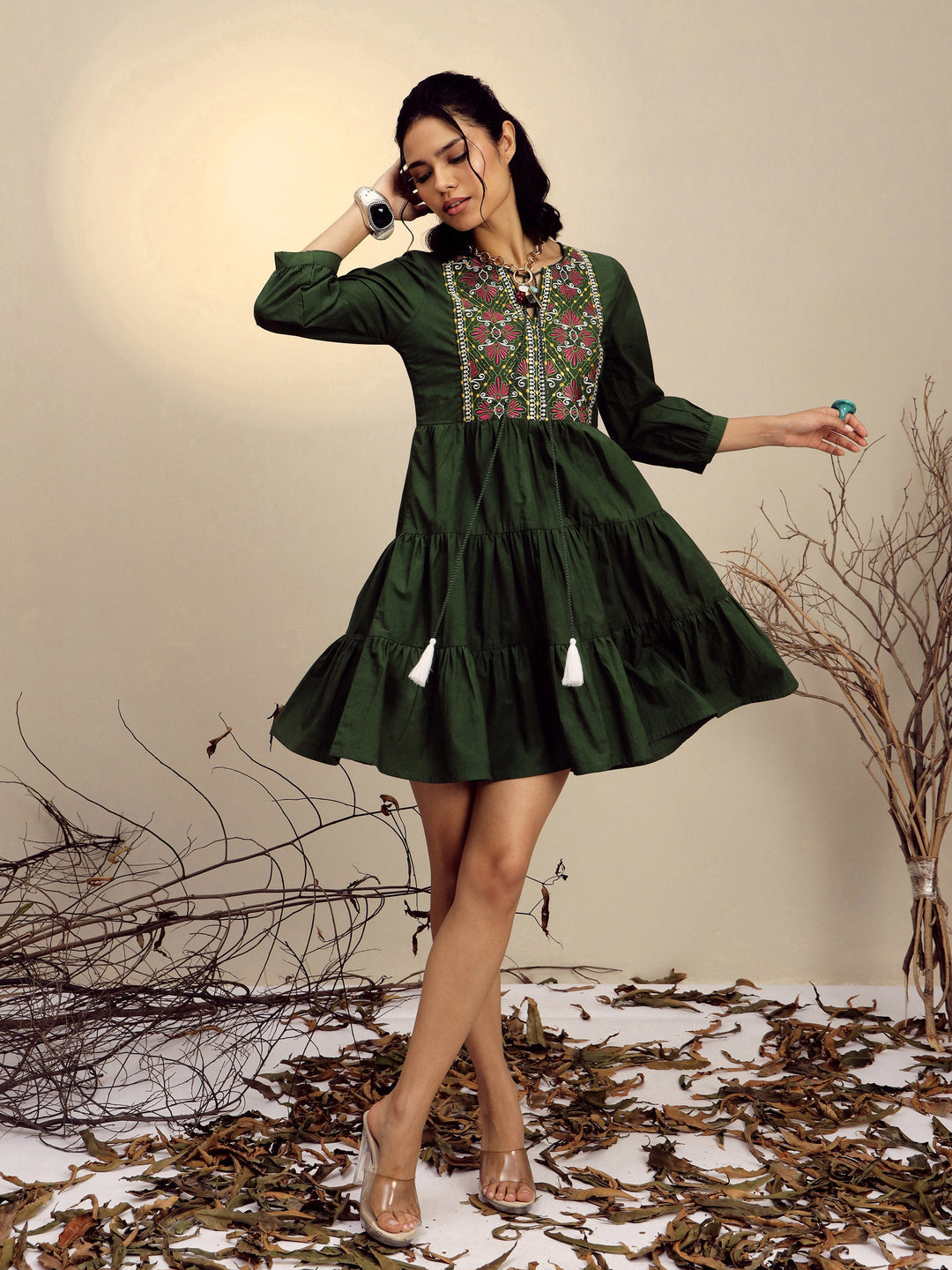 Women Olive Poplin Embroidered Round Neck Gathered Dress