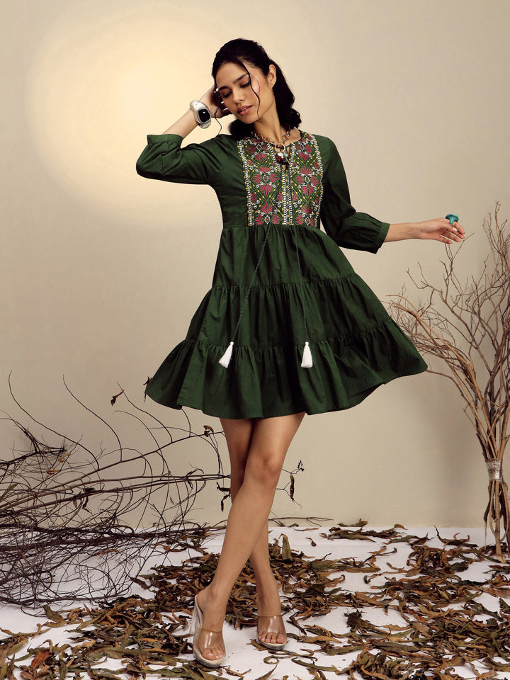Women Olive Poplin Embroidered Round Neck Gathered Dress