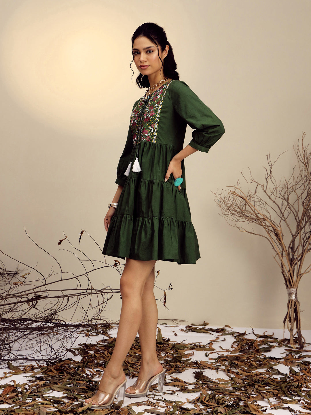Women Olive Poplin Embroidered Round Neck Gathered Dress