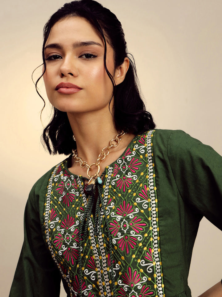 Women Olive Poplin Embroidered Round Neck Gathered Dress
