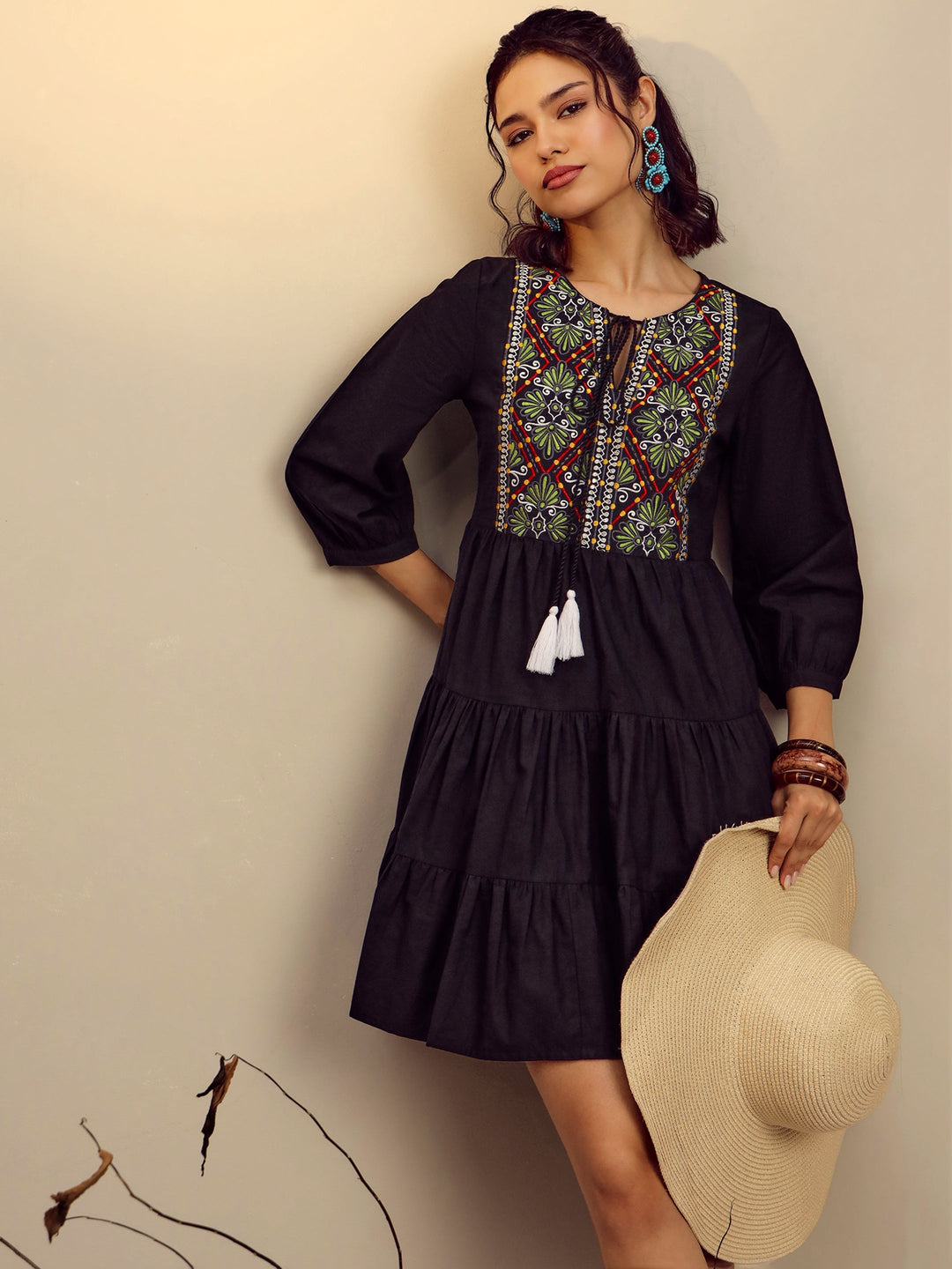 Women Black Poplin Embroidered Round Neck Gathered Dress