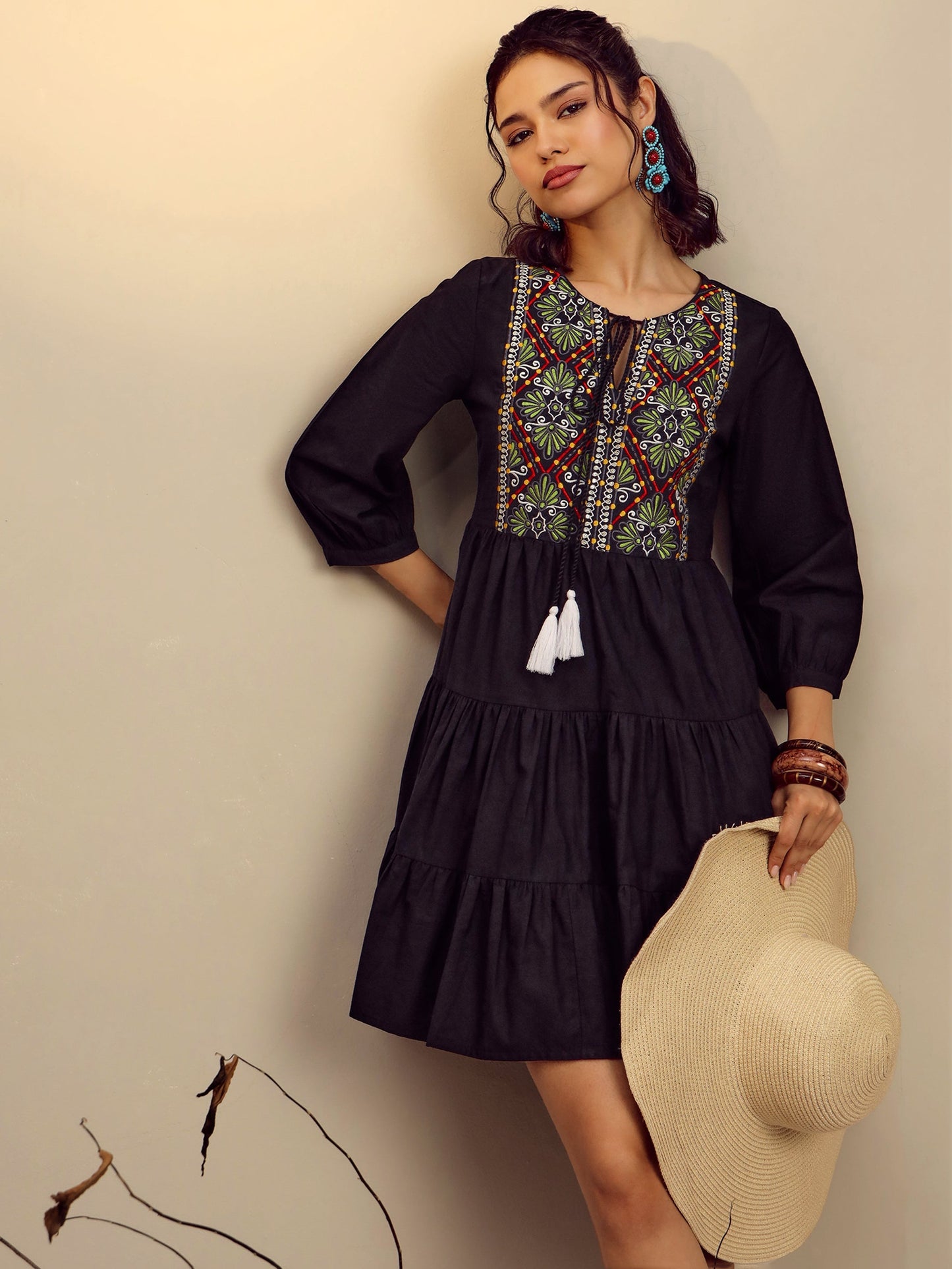 Women Black Poplin Embroidered Round Neck Gathered Dress