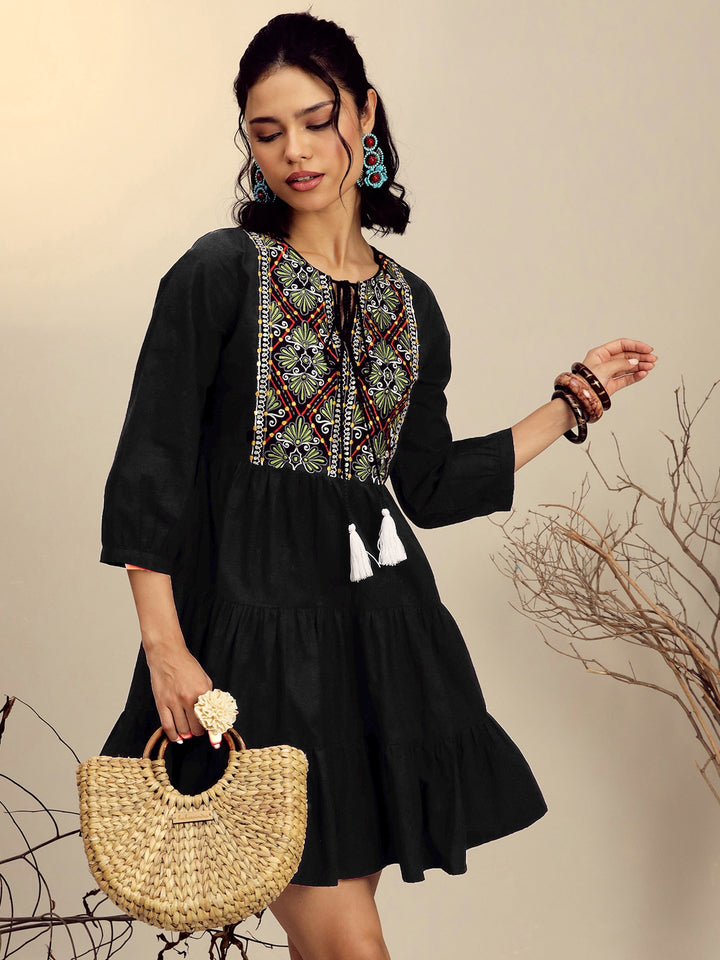 Women Black Poplin Embroidered Round Neck Gathered Dress
