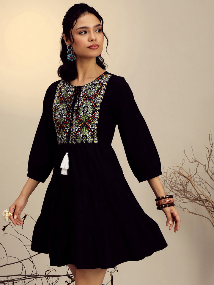 Women Black Poplin Embroidered Round Neck Gathered Dress