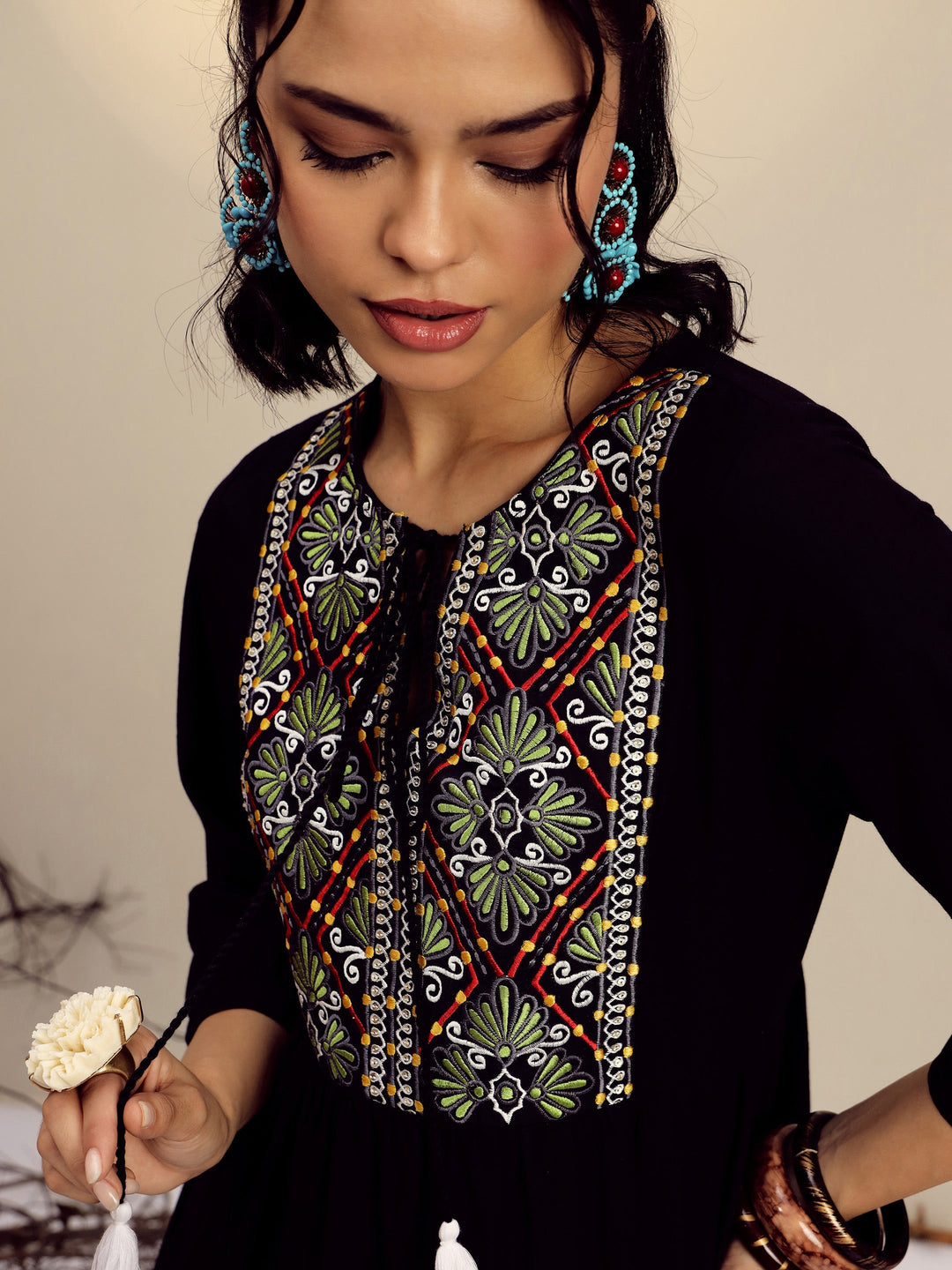 Women Black Poplin Embroidered Round Neck Gathered Dress