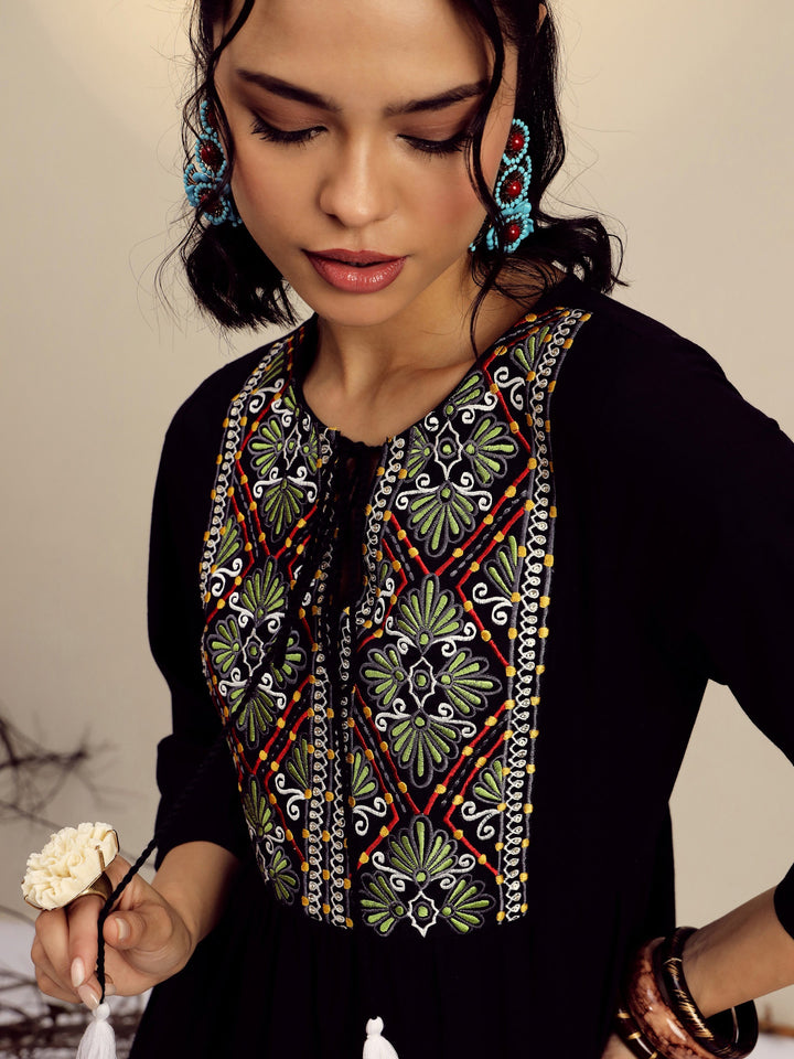 Women Black Poplin Embroidered Round Neck Gathered Dress