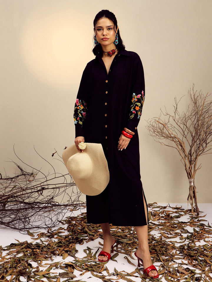 Women Black Poplin Embroidered Longline Shirt Dress