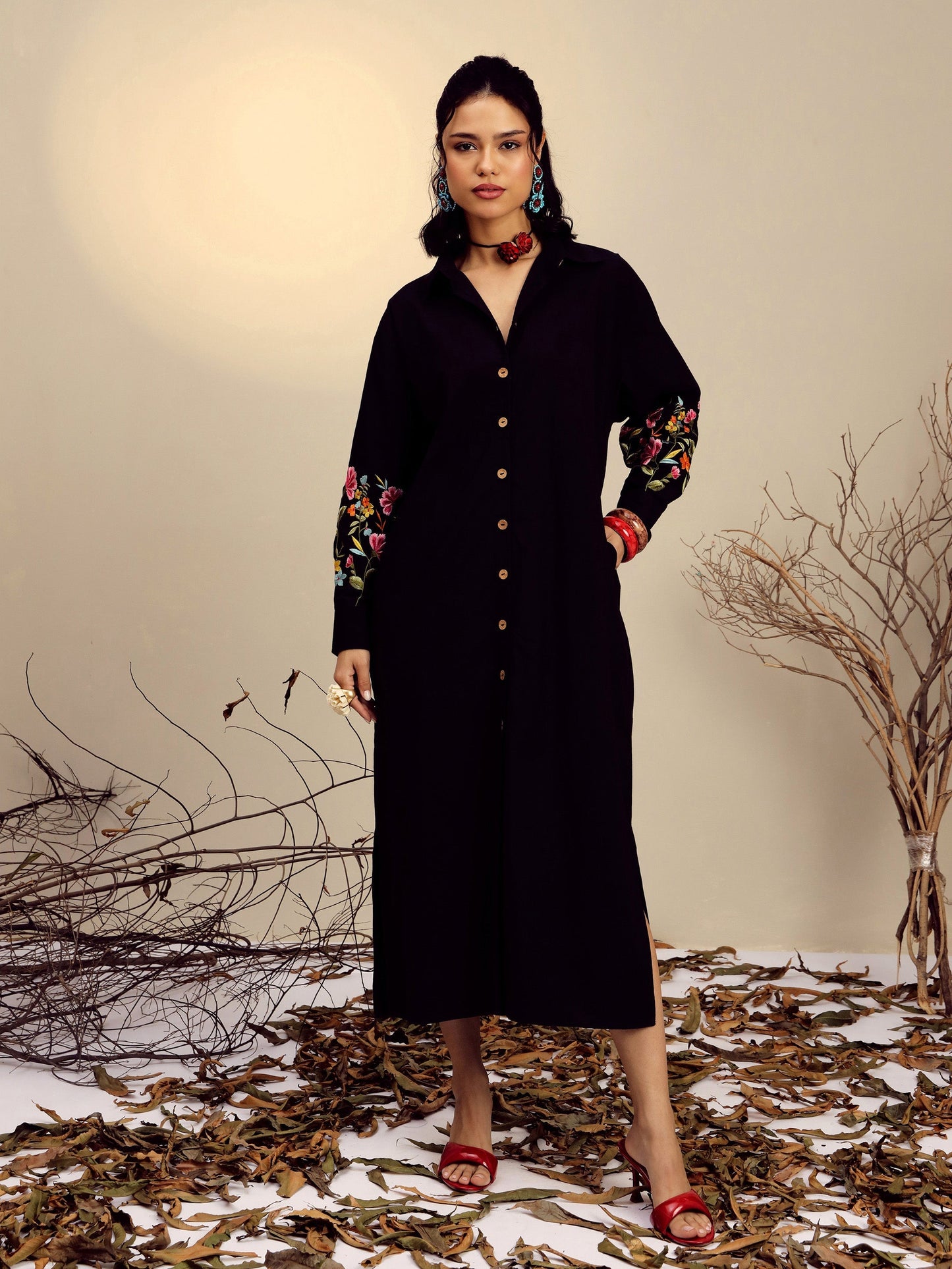 Women Black Poplin Embroidered Longline Shirt Dress