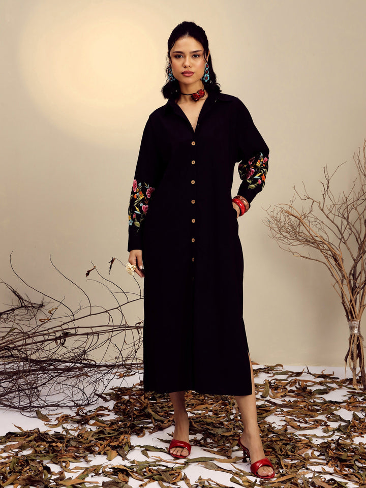 Women Black Poplin Embroidered Longline Shirt Dress