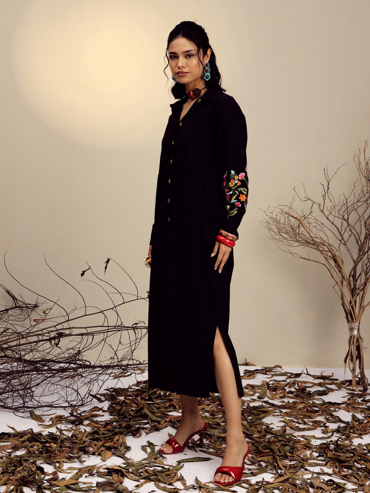 Women Black Poplin Embroidered Longline Shirt Dress