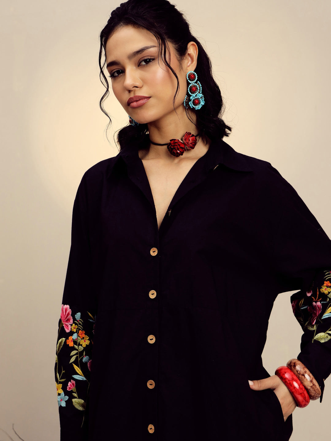 Women Black Poplin Embroidered Longline Shirt Dress