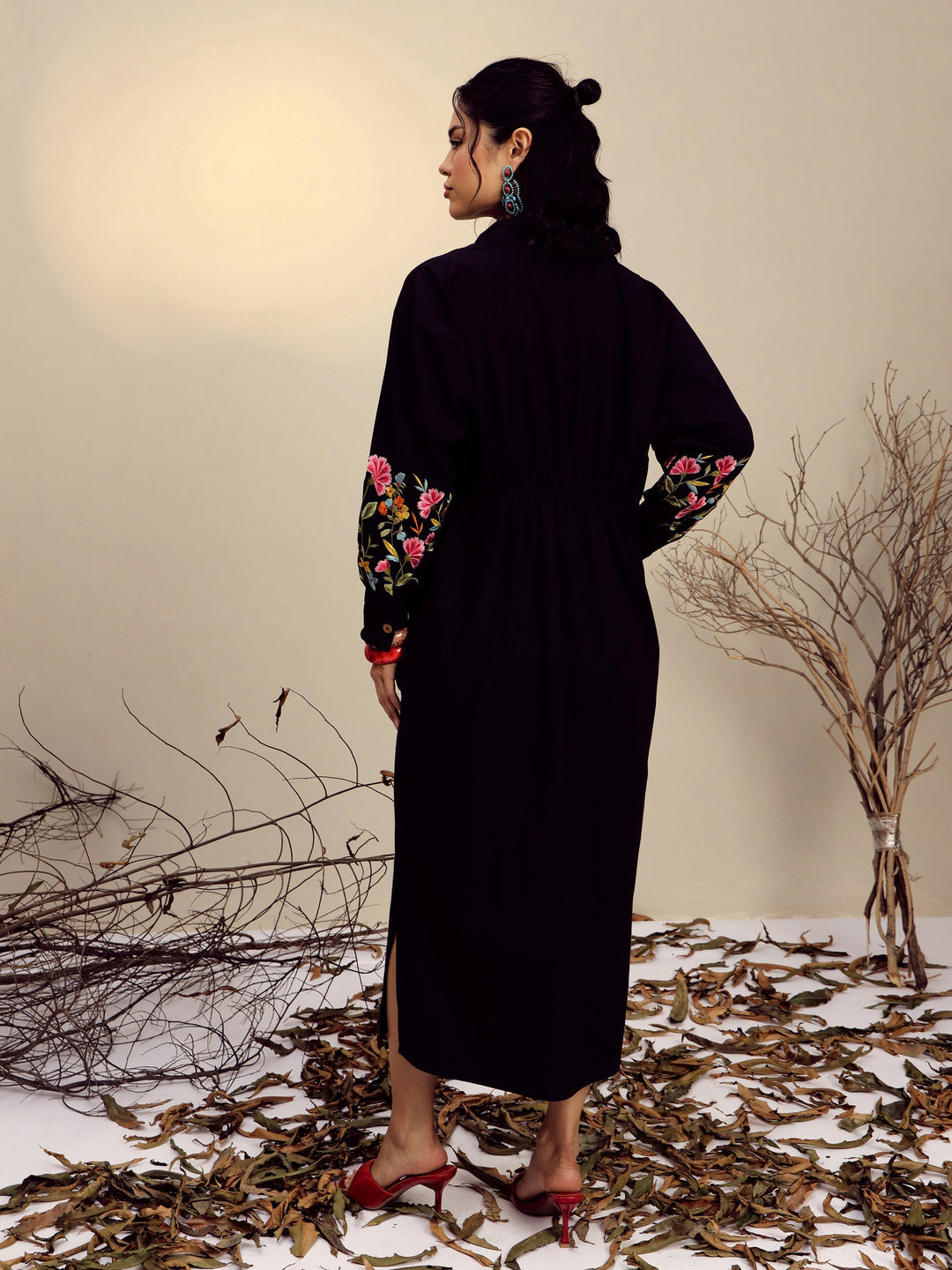 Women Black Poplin Embroidered Longline Shirt Dress