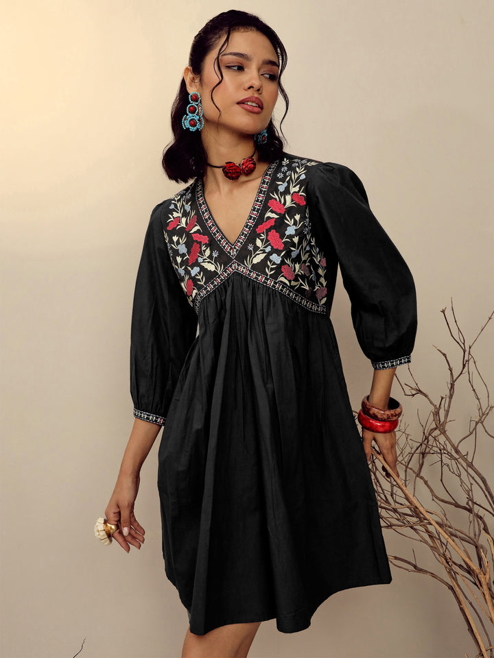 Women Black Poplin Embroidered V-Neck Gathered Dress