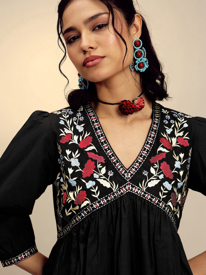 Women Black Poplin Embroidered V-Neck Gathered Dress