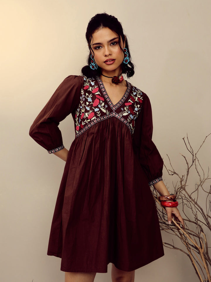 Women Brown Poplin Embroidered V-Neck Gathered Dress