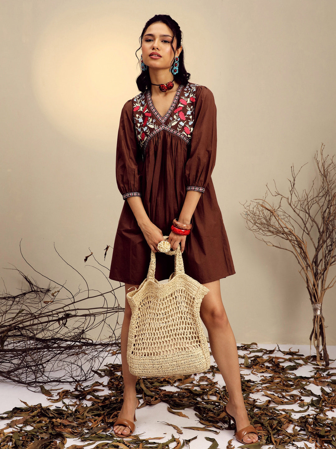 Women Brown Poplin Embroidered V-Neck Gathered Dress