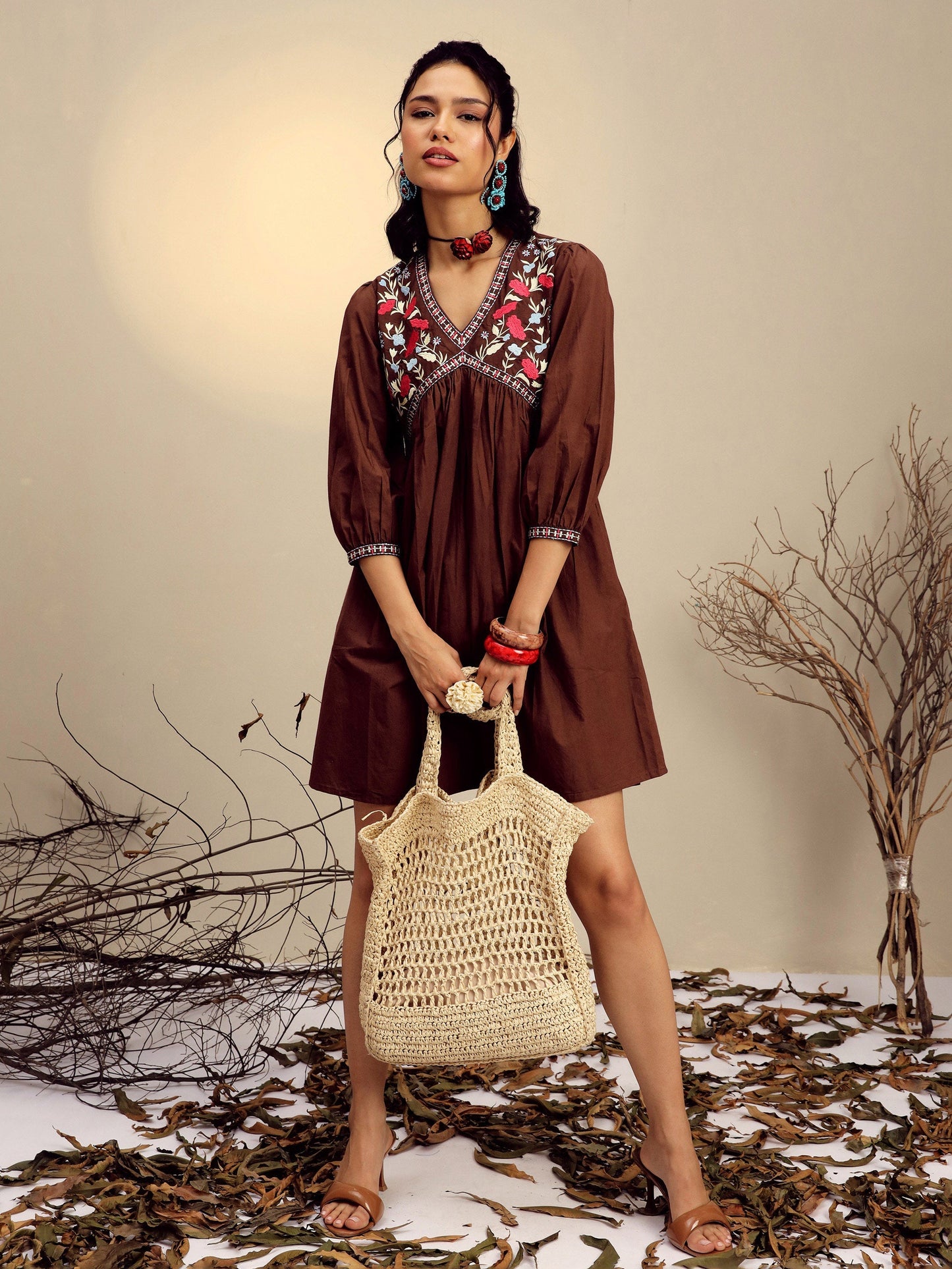 Women Brown Poplin Embroidered V-Neck Gathered Dress