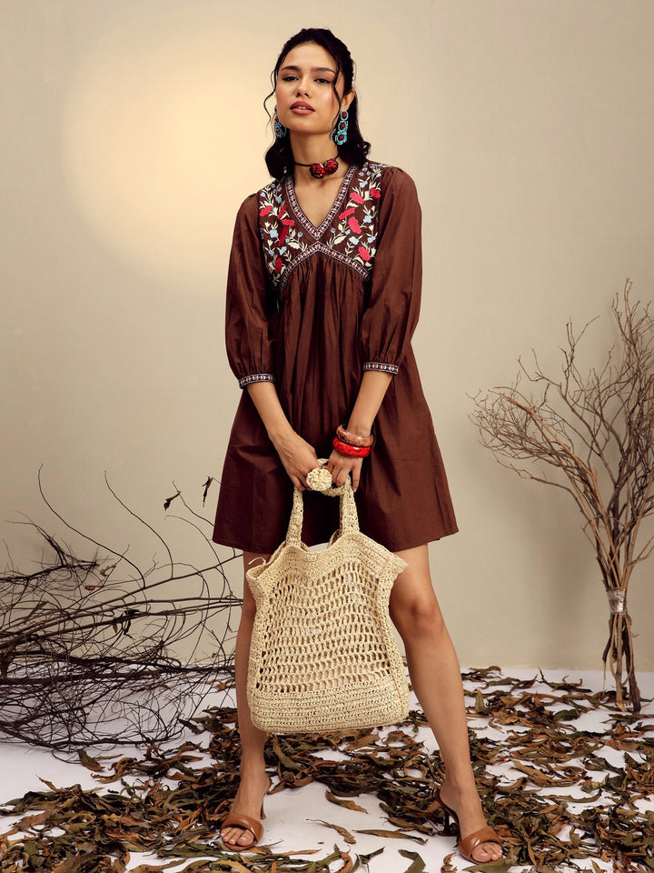 Women Brown Poplin Embroidered V-Neck Gathered Dress