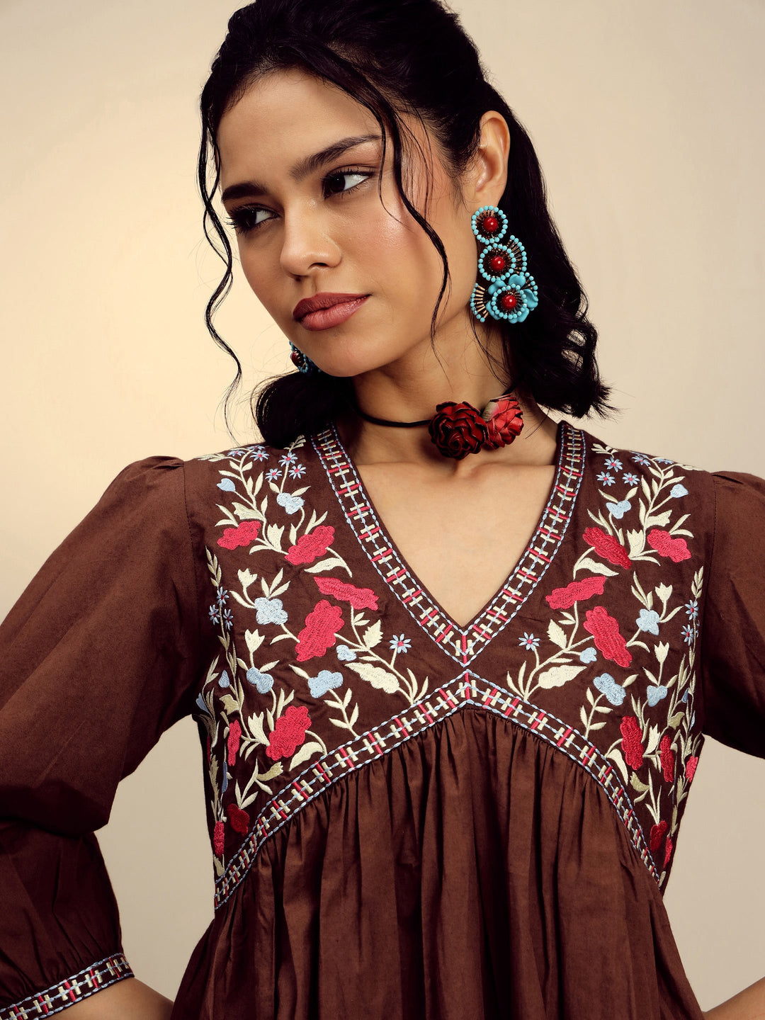 Women Brown Poplin Embroidered V-Neck Gathered Dress