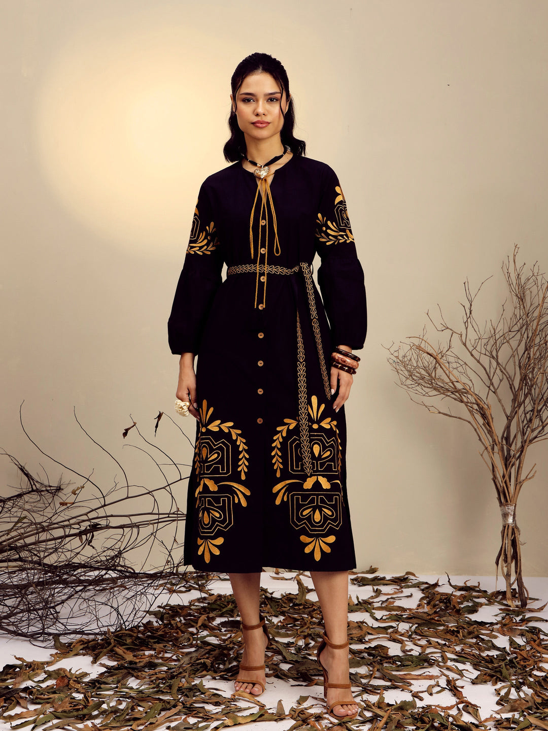 Women Black Poplin Embroidered Side Slit Longline Dress