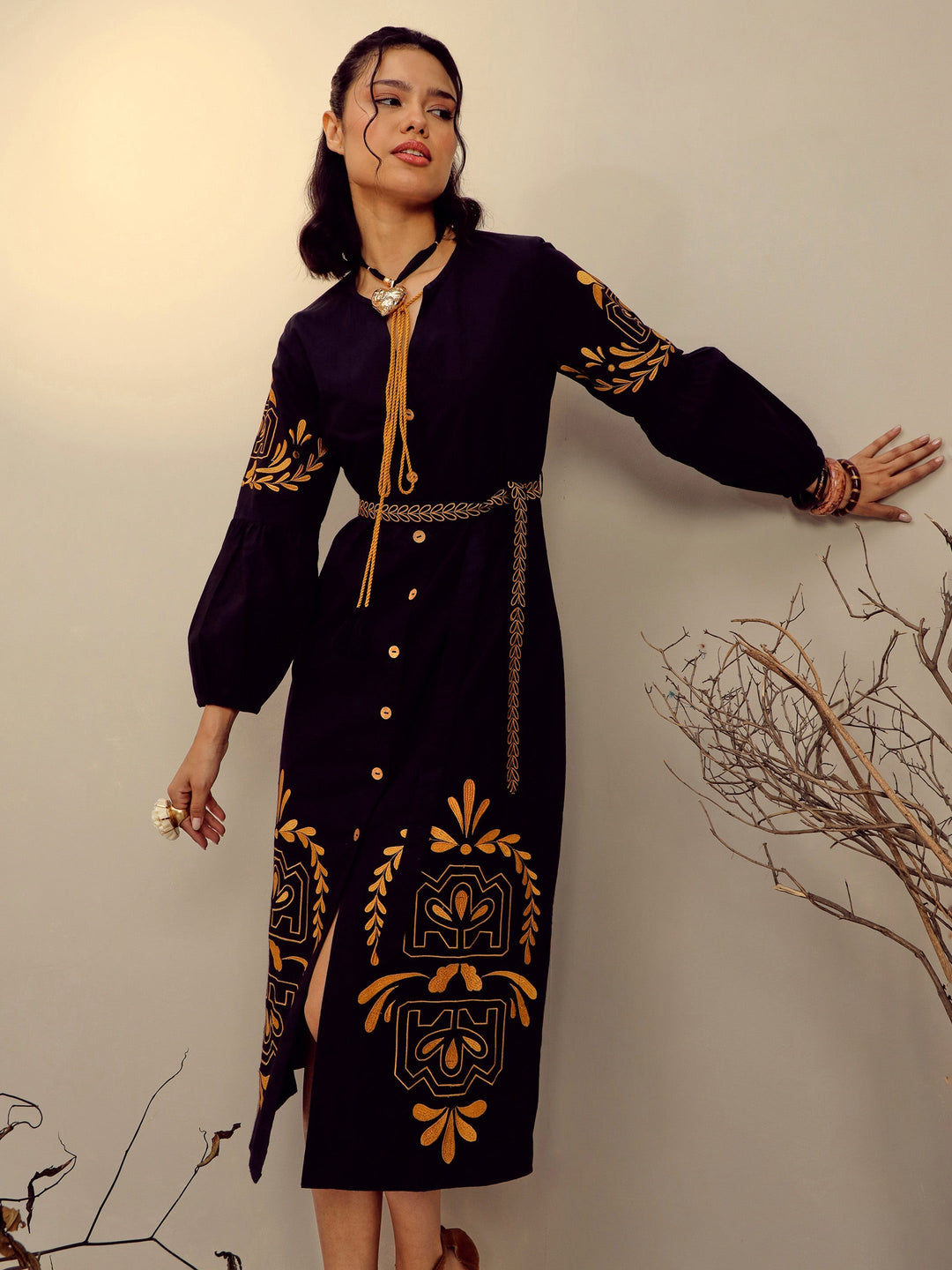 Women Black Poplin Embroidered Side Slit Longline Dress
