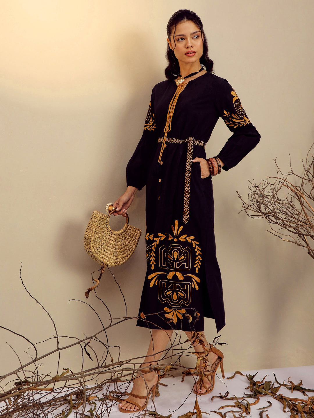 Women Black Poplin Embroidered Side Slit Longline Dress