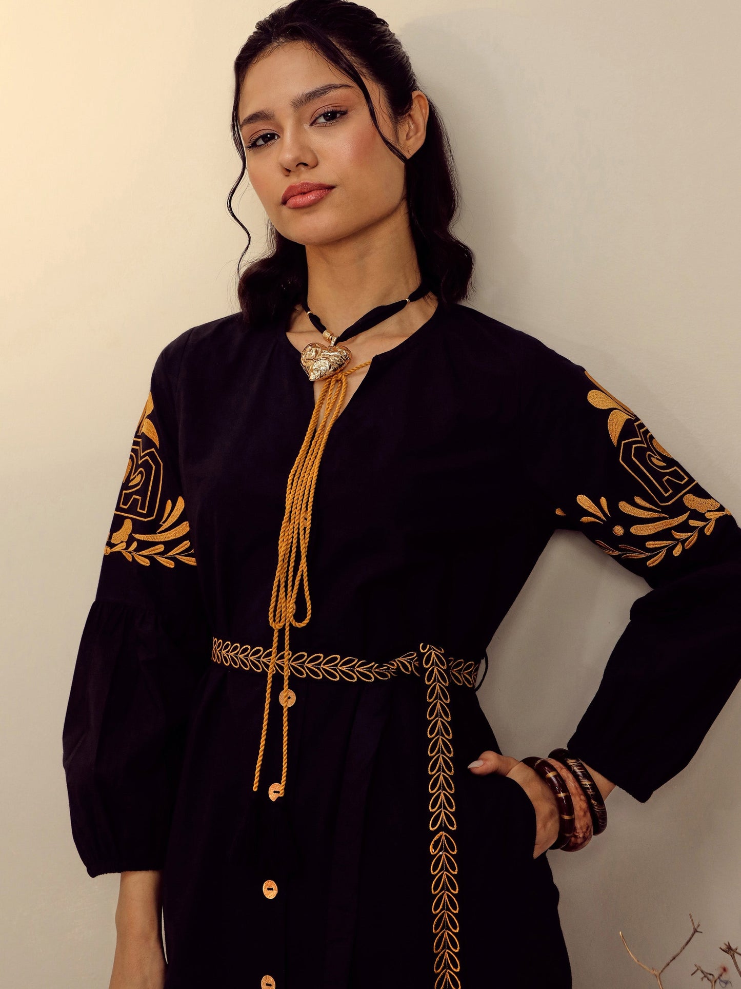Women Black Poplin Embroidered Side Slit Longline Dress