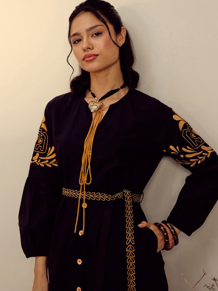 Women Black Poplin Embroidered Side Slit Longline Dress