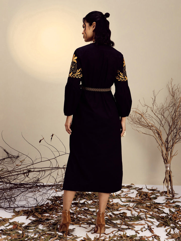 Women Black Poplin Embroidered Side Slit Longline Dress