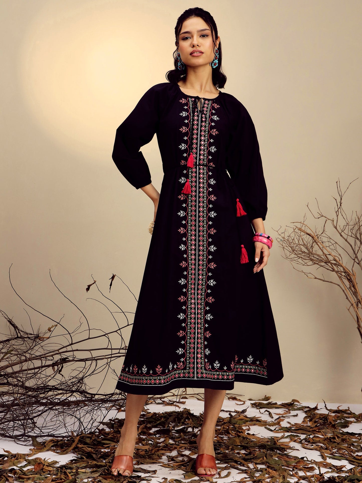Women Black Poplin Embroidered Front Dori Midi Dress