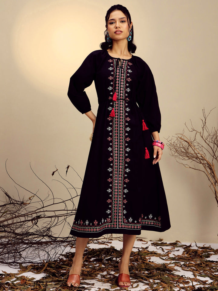 Women Black Poplin Embroidered Front Dori Midi Dress