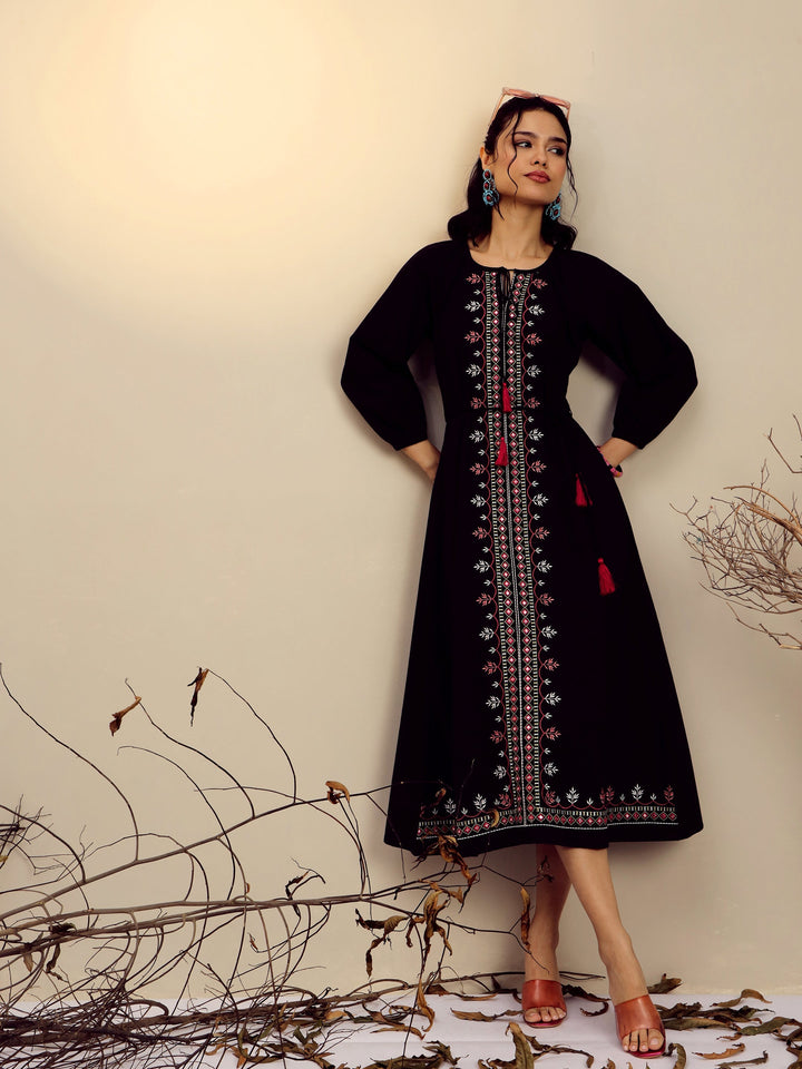 Women Black Poplin Embroidered Front Dori Midi Dress