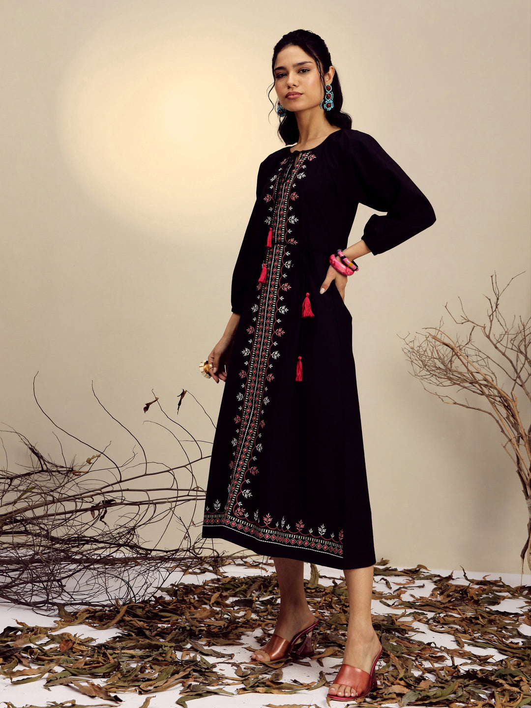 Women Black Poplin Embroidered Front Dori Midi Dress