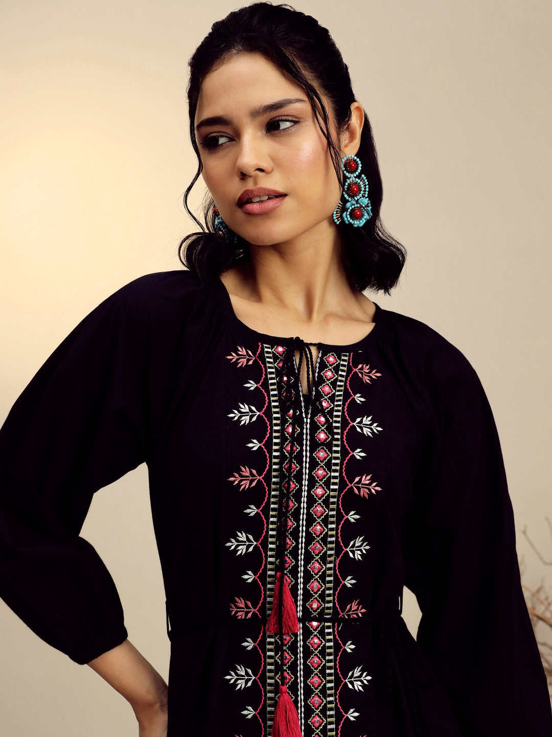Women Black Poplin Embroidered Front Dori Midi Dress
