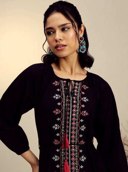 Women Black Poplin Embroidered Front Dori Midi Dress