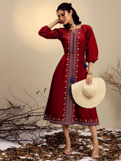Women Maroon Poplin Embroidered Front Dori Midi Dress