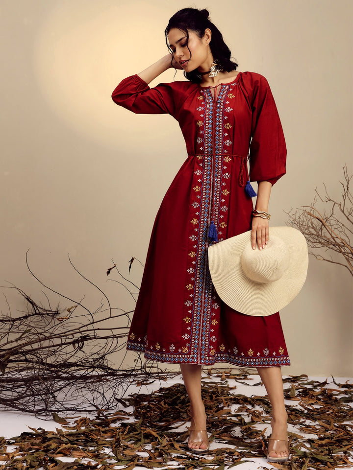 Women Maroon Poplin Embroidered Front Dori Midi Dress