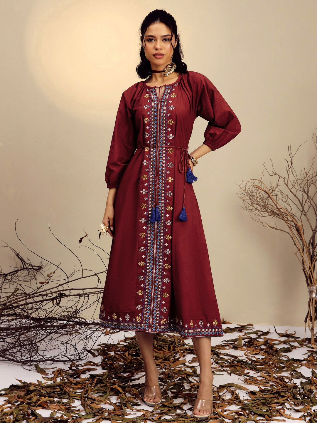 Women Maroon Poplin Embroidered Front Dori Midi Dress