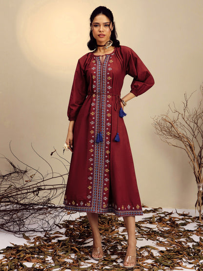 Women Maroon Poplin Embroidered Front Dori Midi Dress