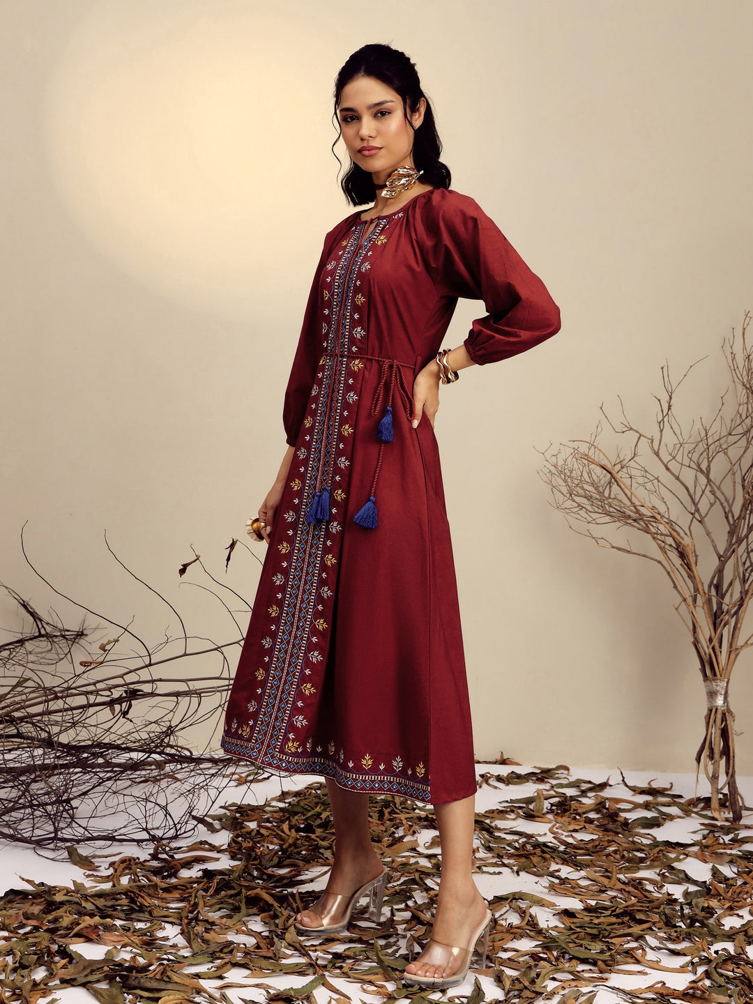 Women Maroon Poplin Embroidered Front Dori Midi Dress