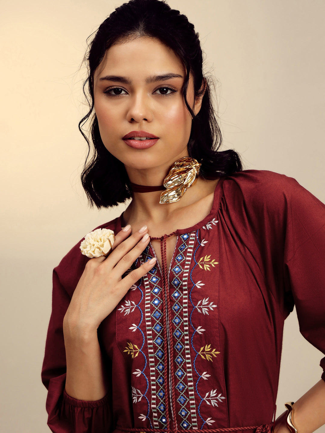 Women Maroon Poplin Embroidered Front Dori Midi Dress