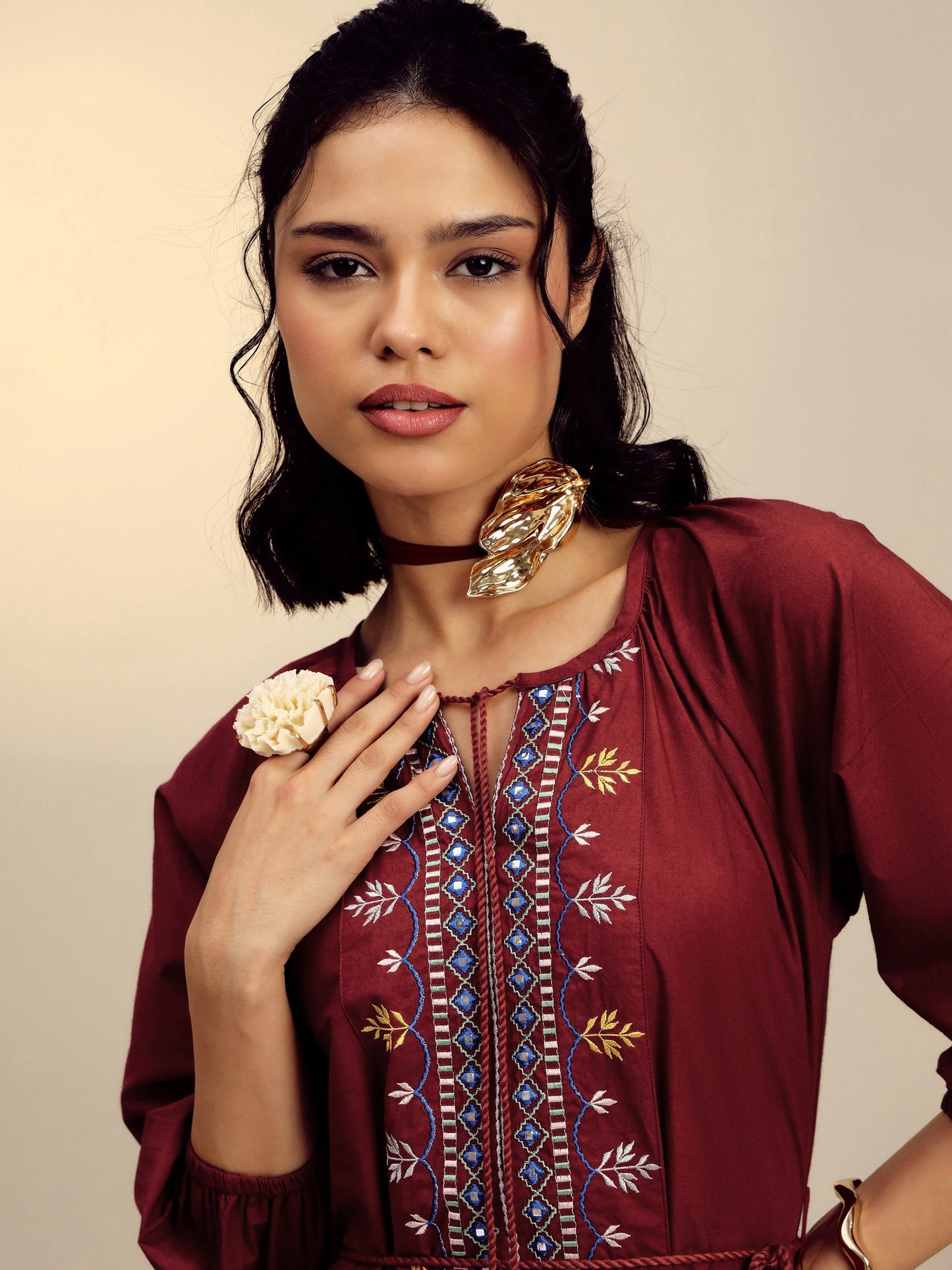 Women Maroon Poplin Embroidered Front Dori Midi Dress